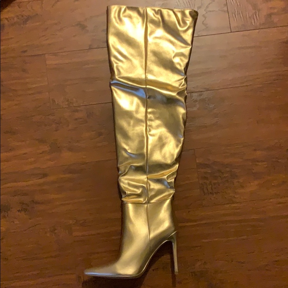 Gold Slouchy Over The Knee Boots
